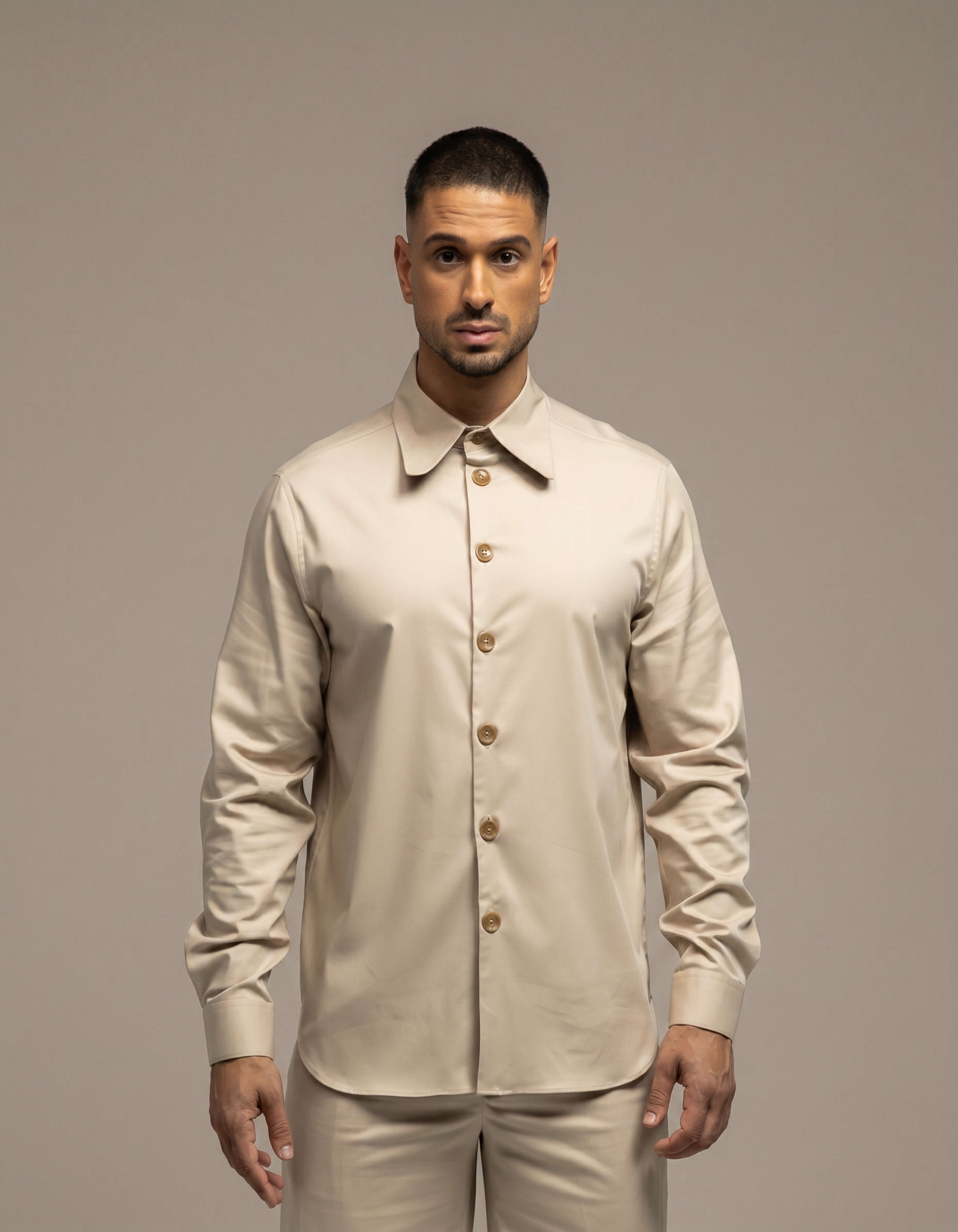 Sand minimalist long-sleeve shirt with tonal buttons, tailored menswear