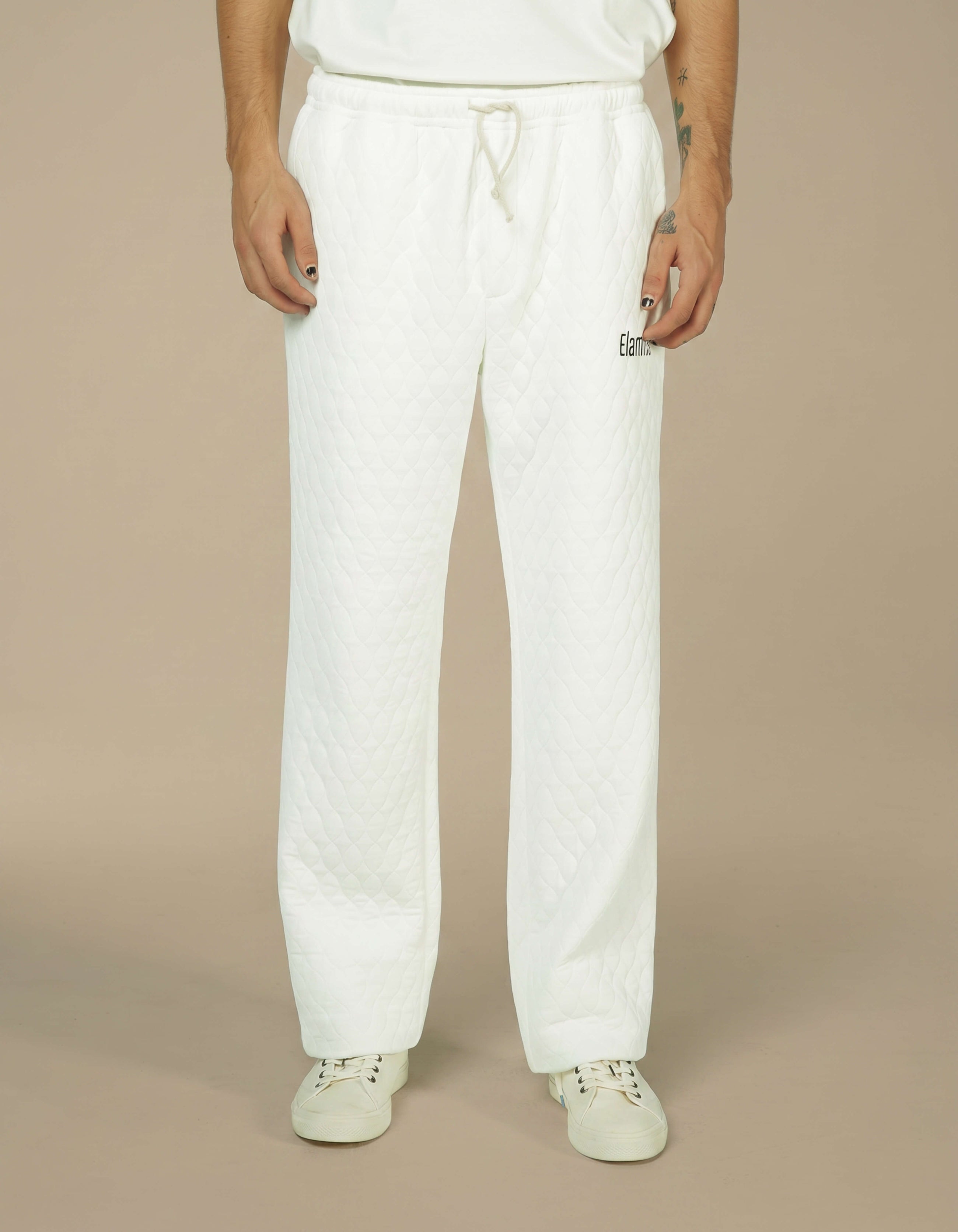White quilted wide-leg drawstring trousers with Elamins logo detail
