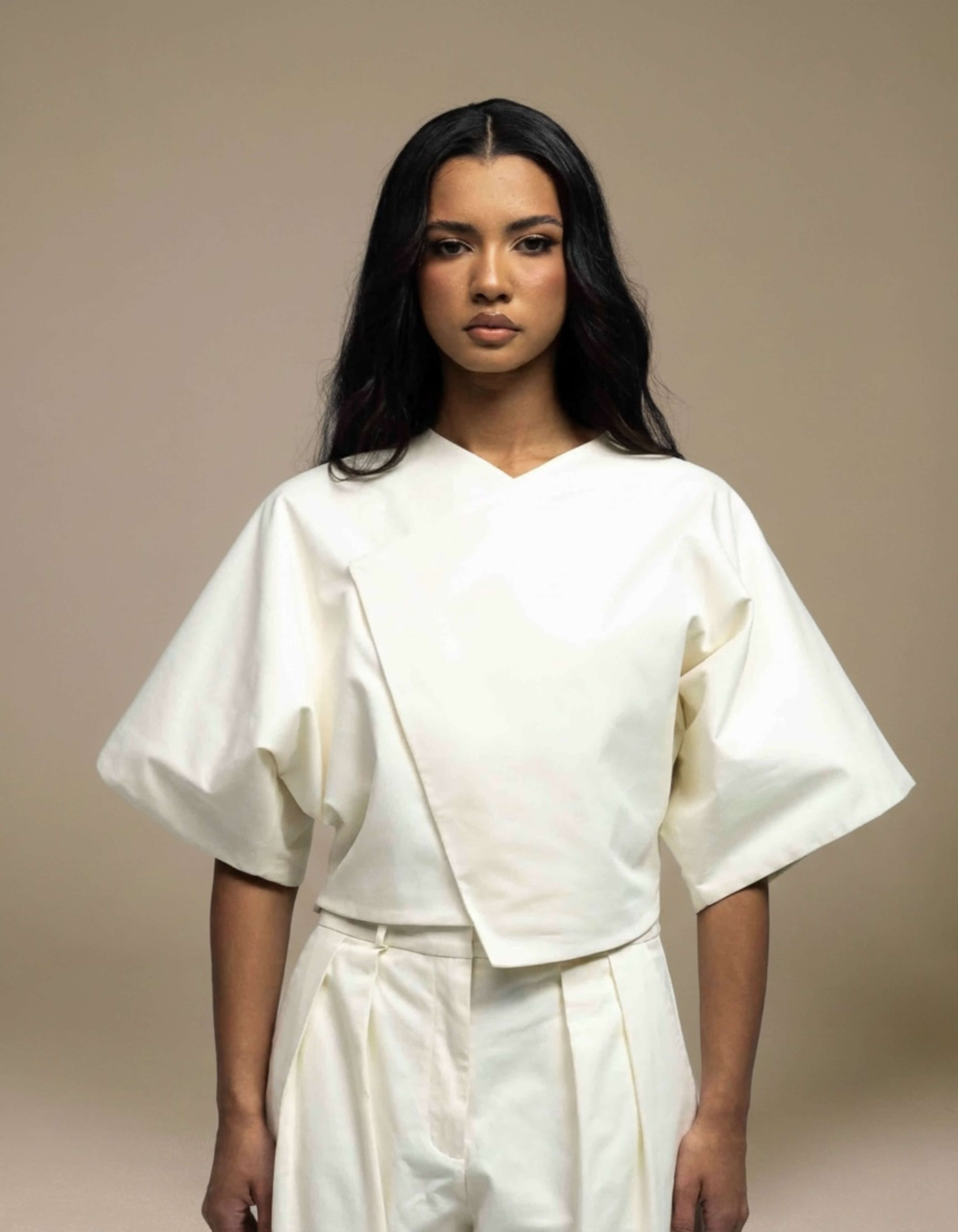 Ivory structured kimono-sleeve wrap top minimalist luxury womenswear