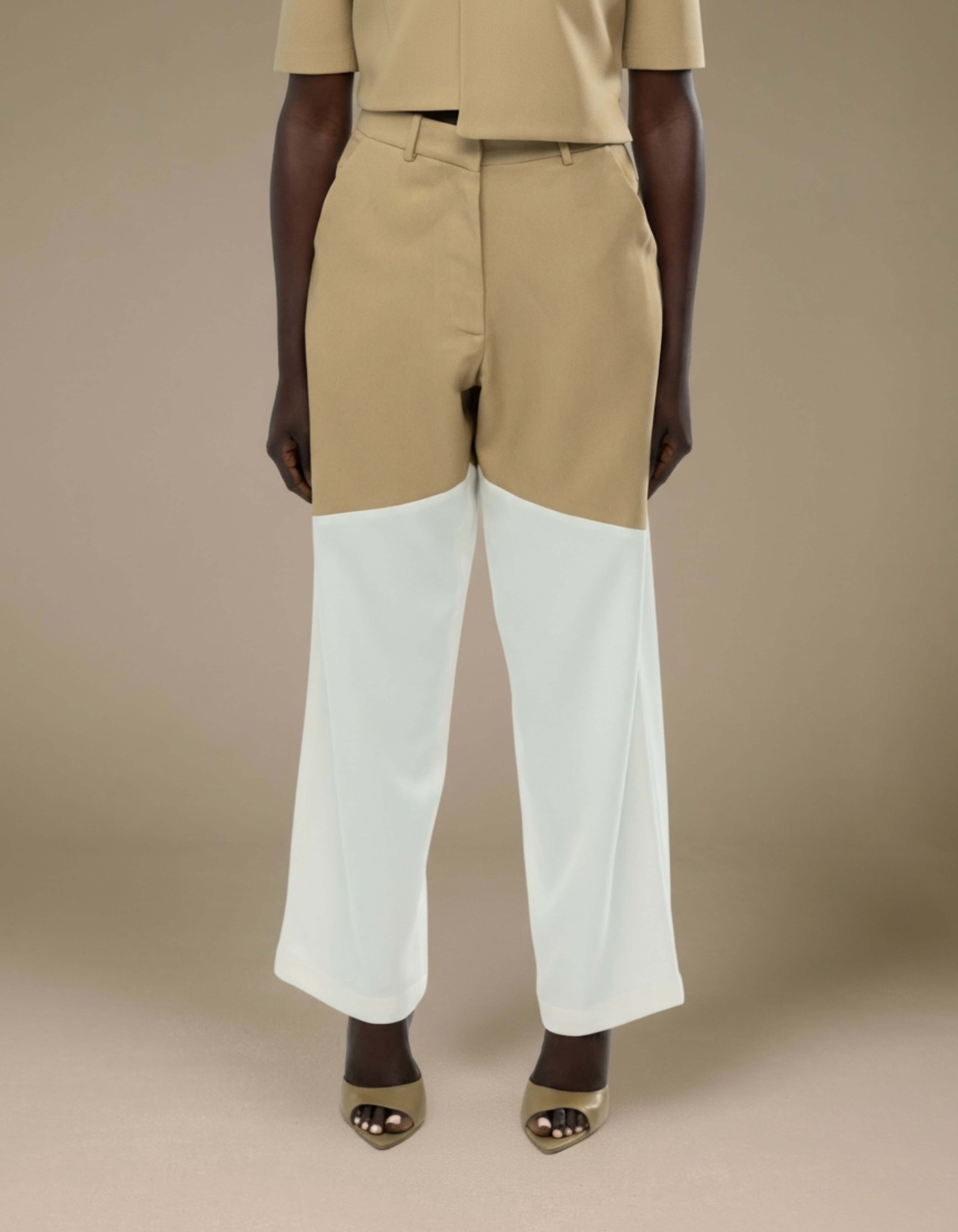 Tailored wide-leg trousers beige white colour-block minimalist luxury womenswear