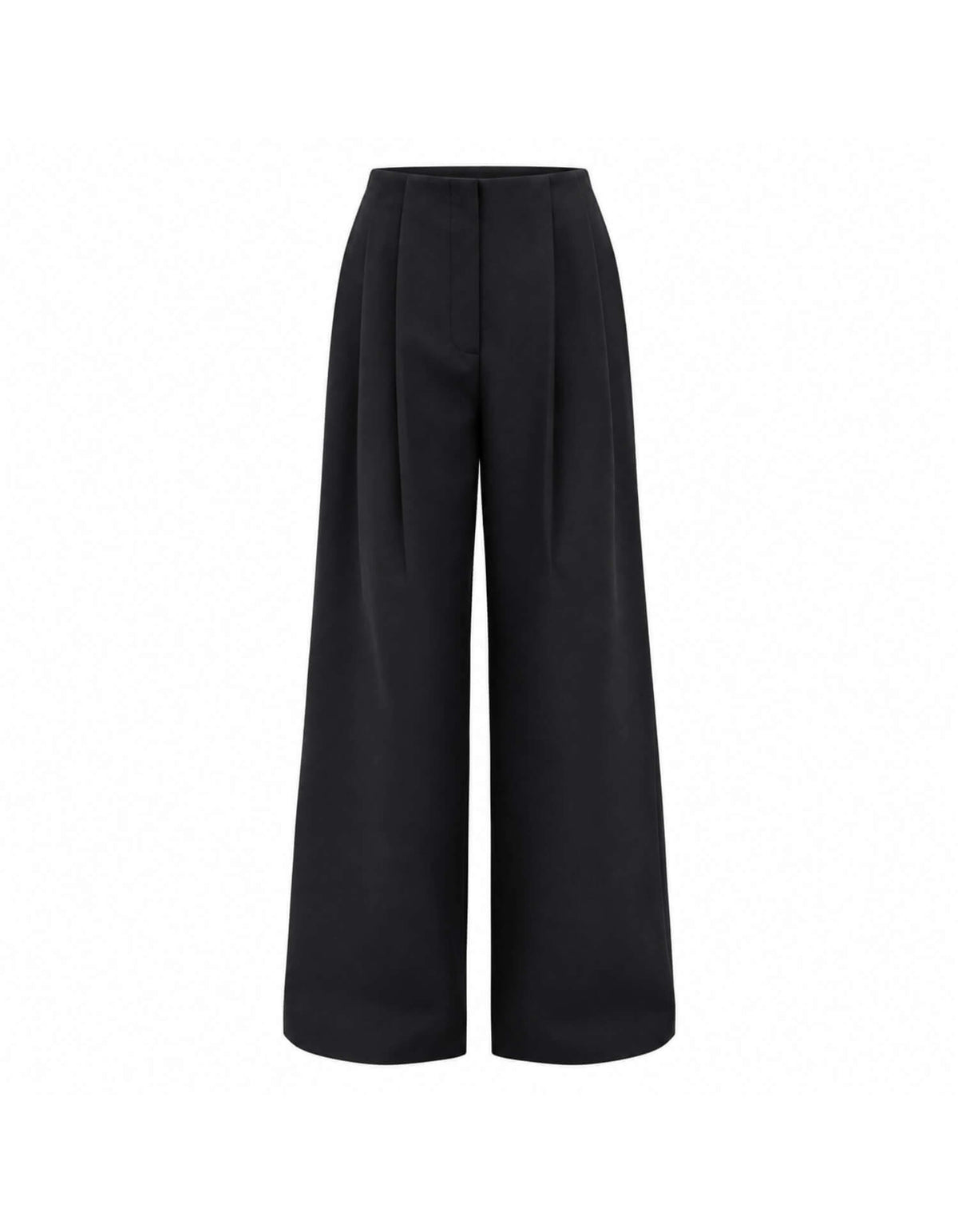Elamins Pleated Trousers In Black Displayed Against A White Background, Featuring Front Pleats, A Beltless Waistband And Full-Length Wide Legs.