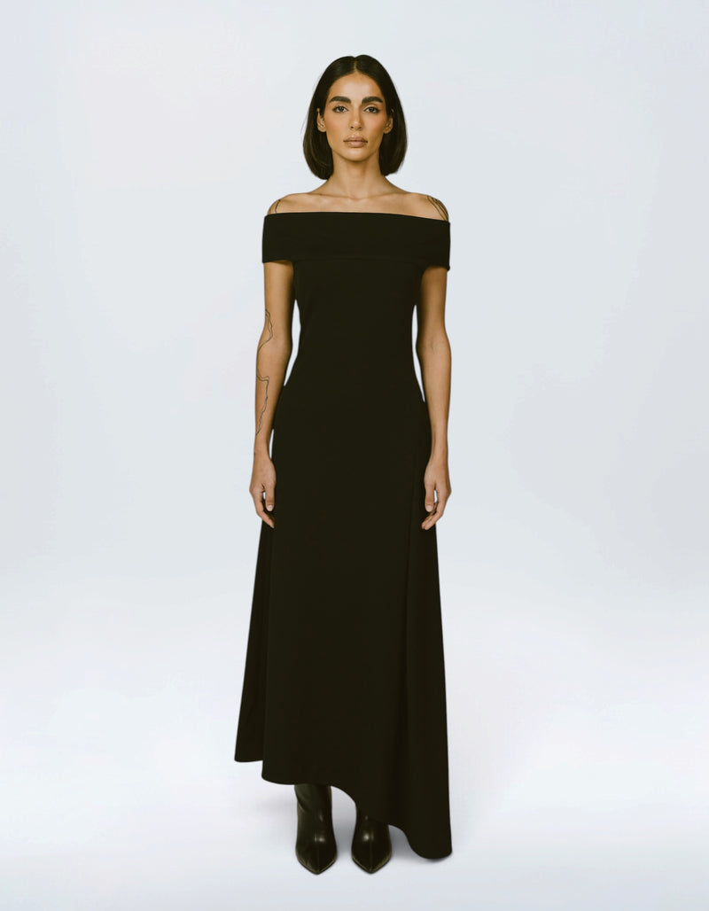 OFF-SHOULDER ASYMMETRIC DRAPE DRESS