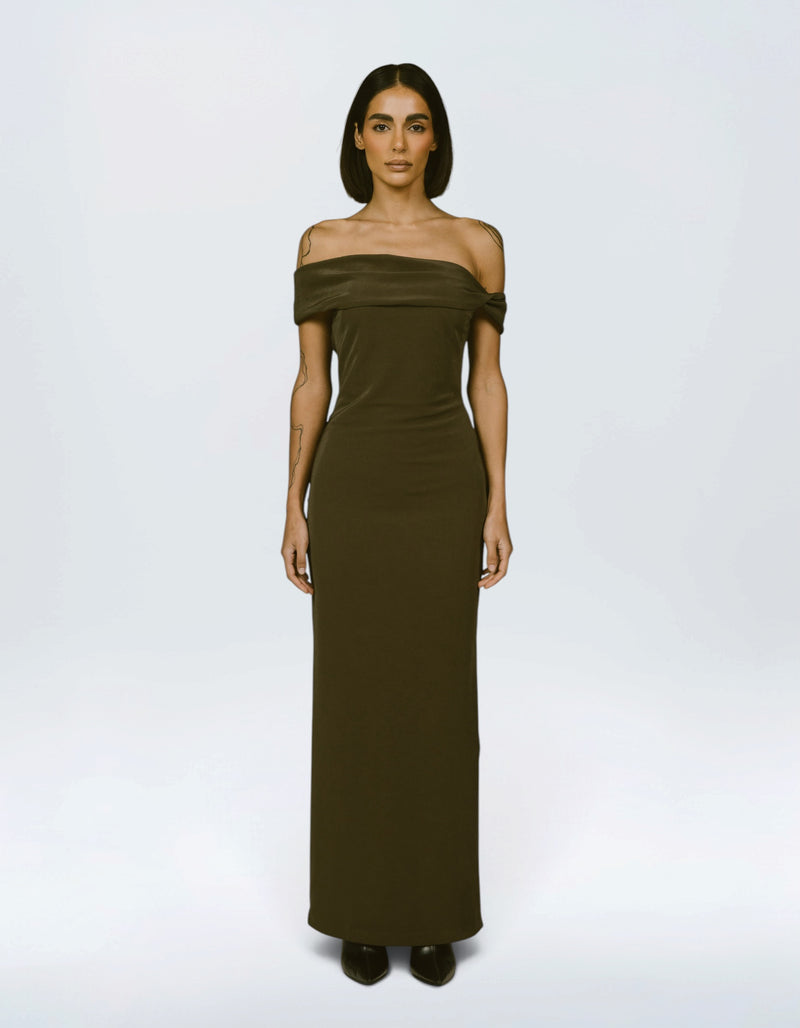 TAUPE OFF-SHOULDER COLUMN DRESS