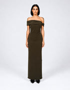 TAUPE OFF-SHOULDER COLUMN DRESS