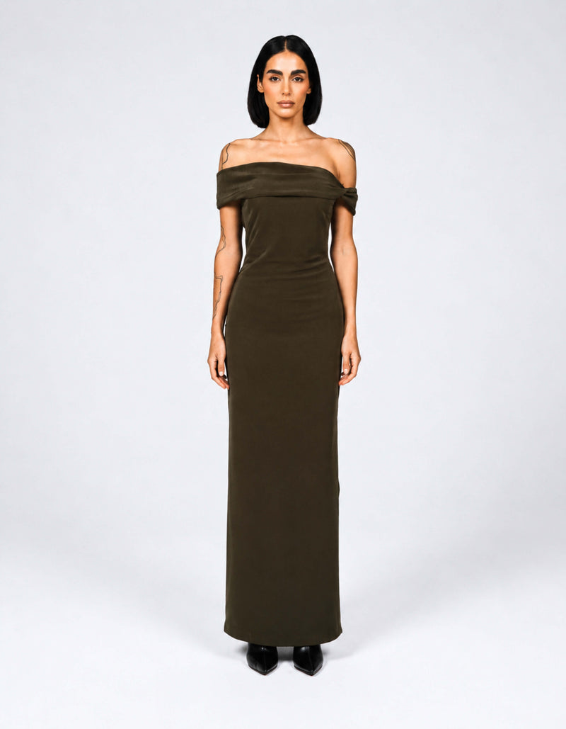 TAUPE OFF-SHOULDER COLUMN DRESS