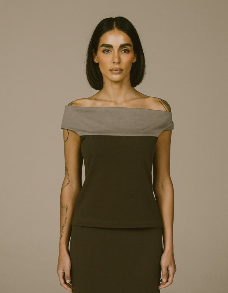 TWO TONE OFF SHOULDER TOP