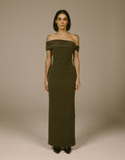 TAUPE OFF-SHOULDER COLUMN DRESS