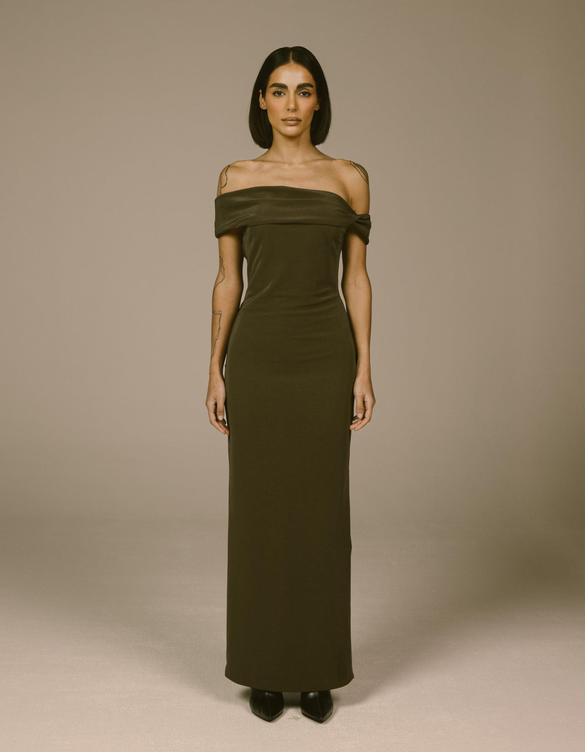pryce off-the-shoulder column dress TAUPE OFF-SHOULDER COLUMN DRESS XS