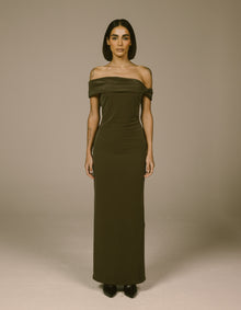 TAUPE OFF-SHOULDER COLUMN DRESS