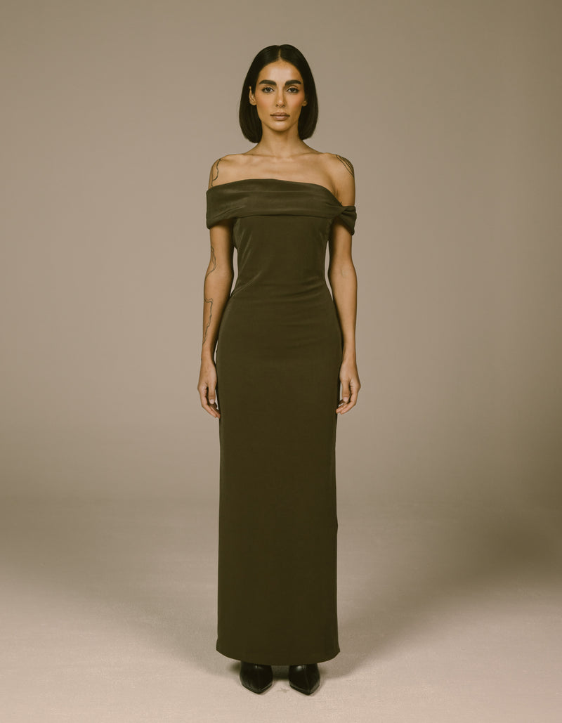 TAUPE OFF-SHOULDER COLUMN DRESS