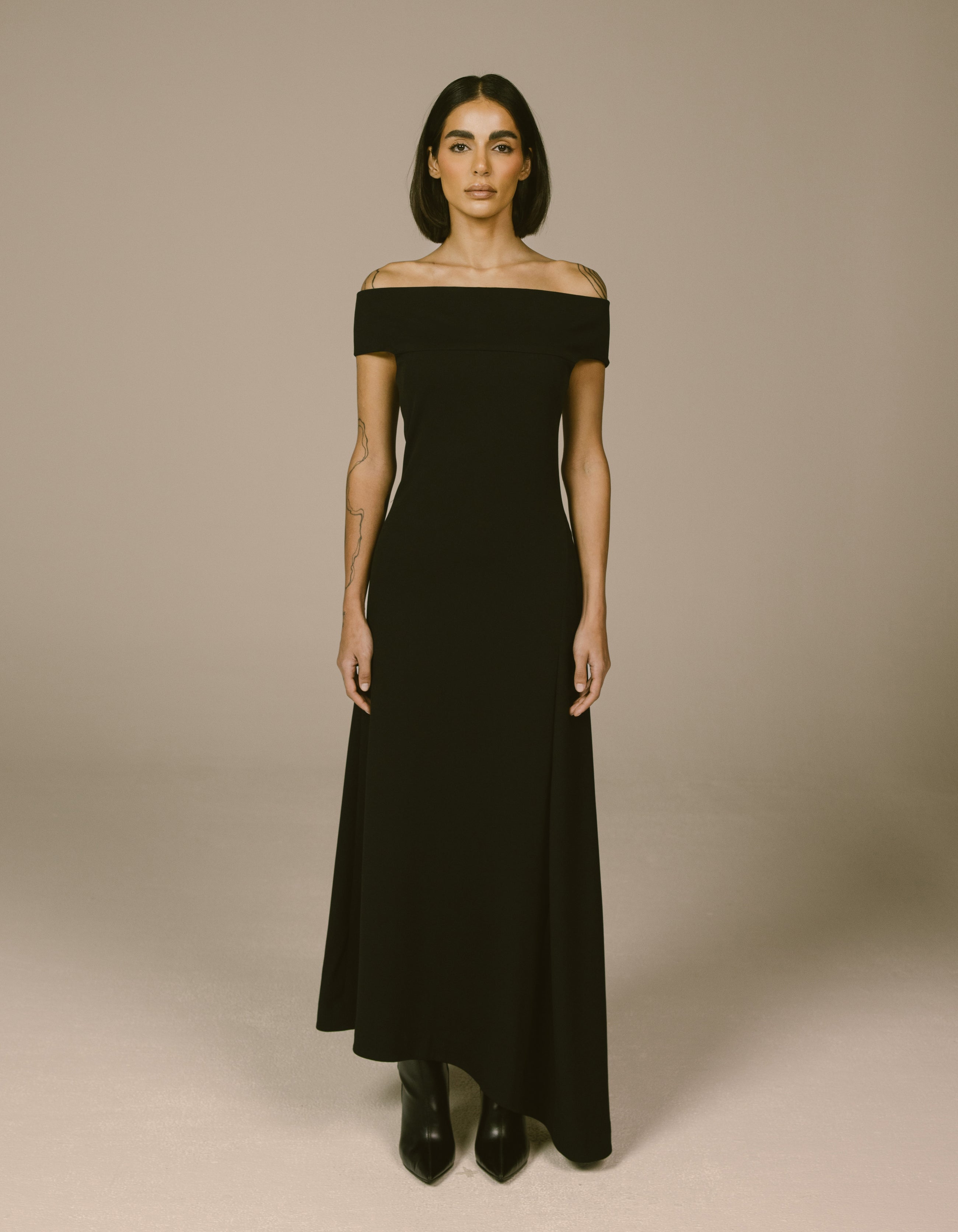 OFF-SHOULDER ASYMMETRIC DRAPE DRESS