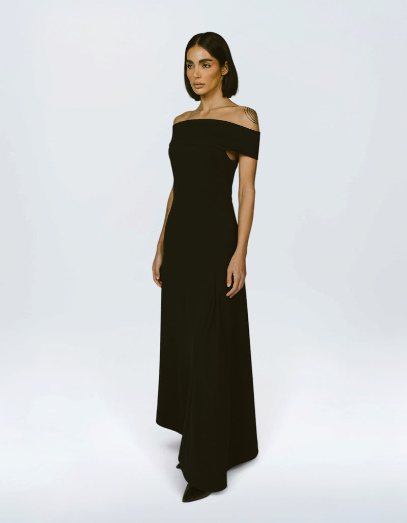 OFF-SHOULDER ASYMMETRIC DRAPE DRESS