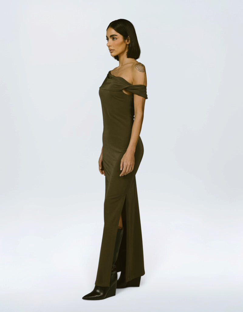 TAUPE OFF-SHOULDER COLUMN DRESS