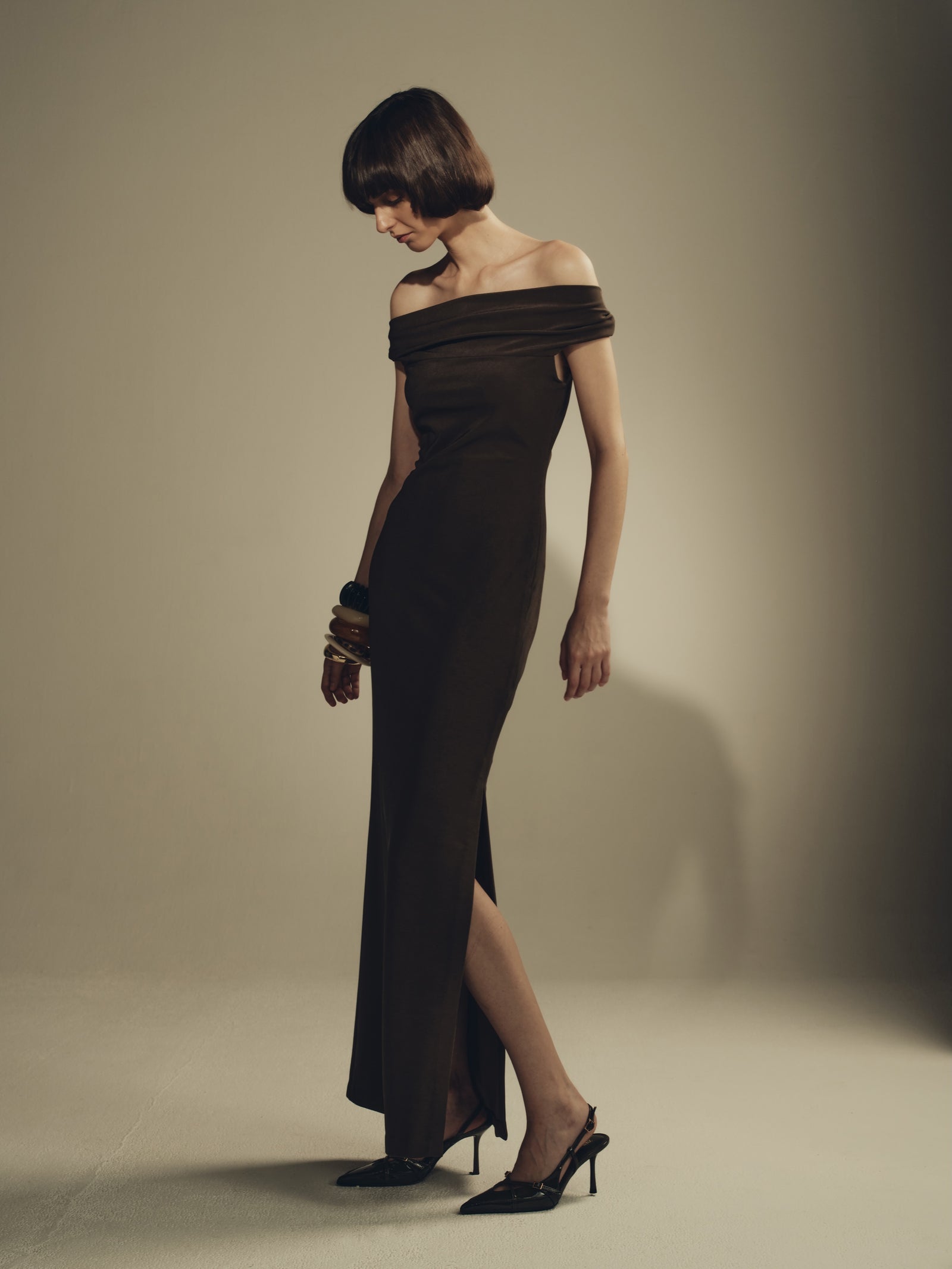 Chocolate off-shoulder draped maxi dress with thigh slit, evening luxury womenswear