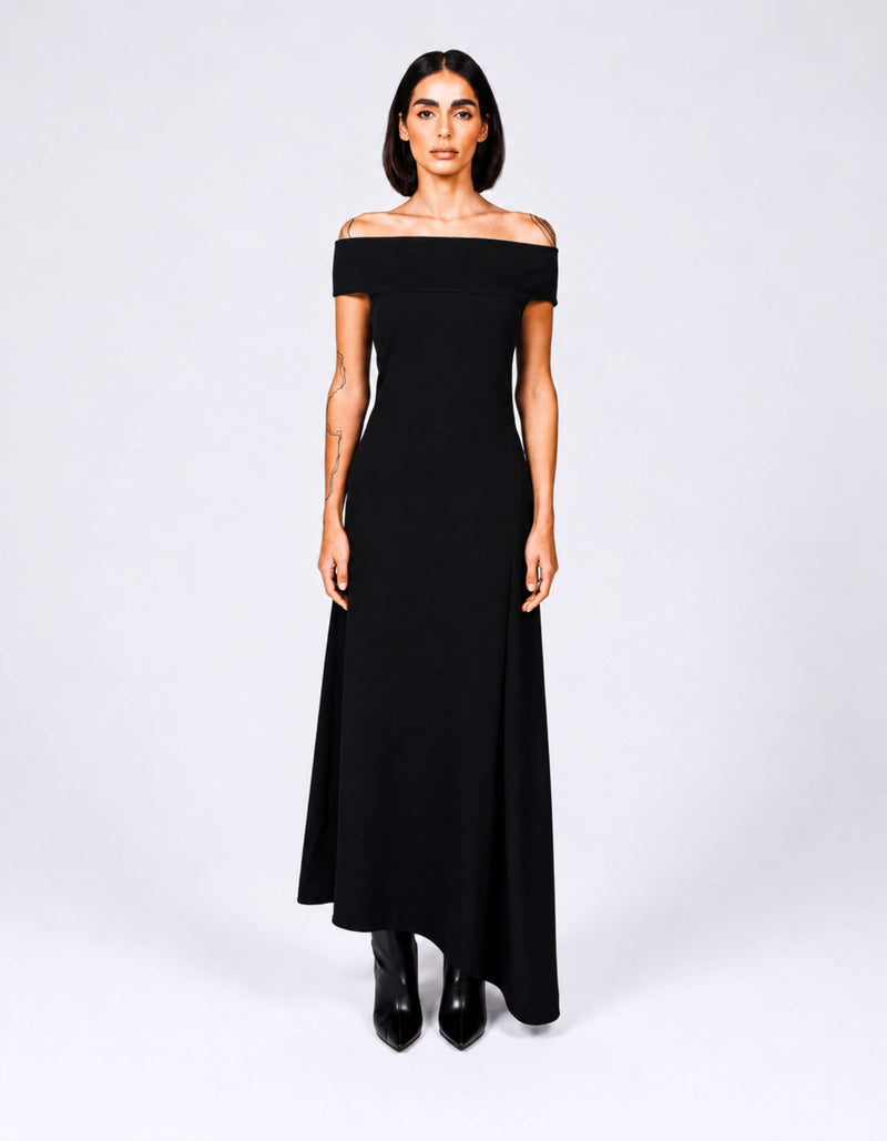 OFF-SHOULDER ASYMMETRIC DRAPE DRESS