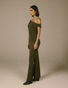 TAUPE OFF-SHOULDER COLUMN DRESS