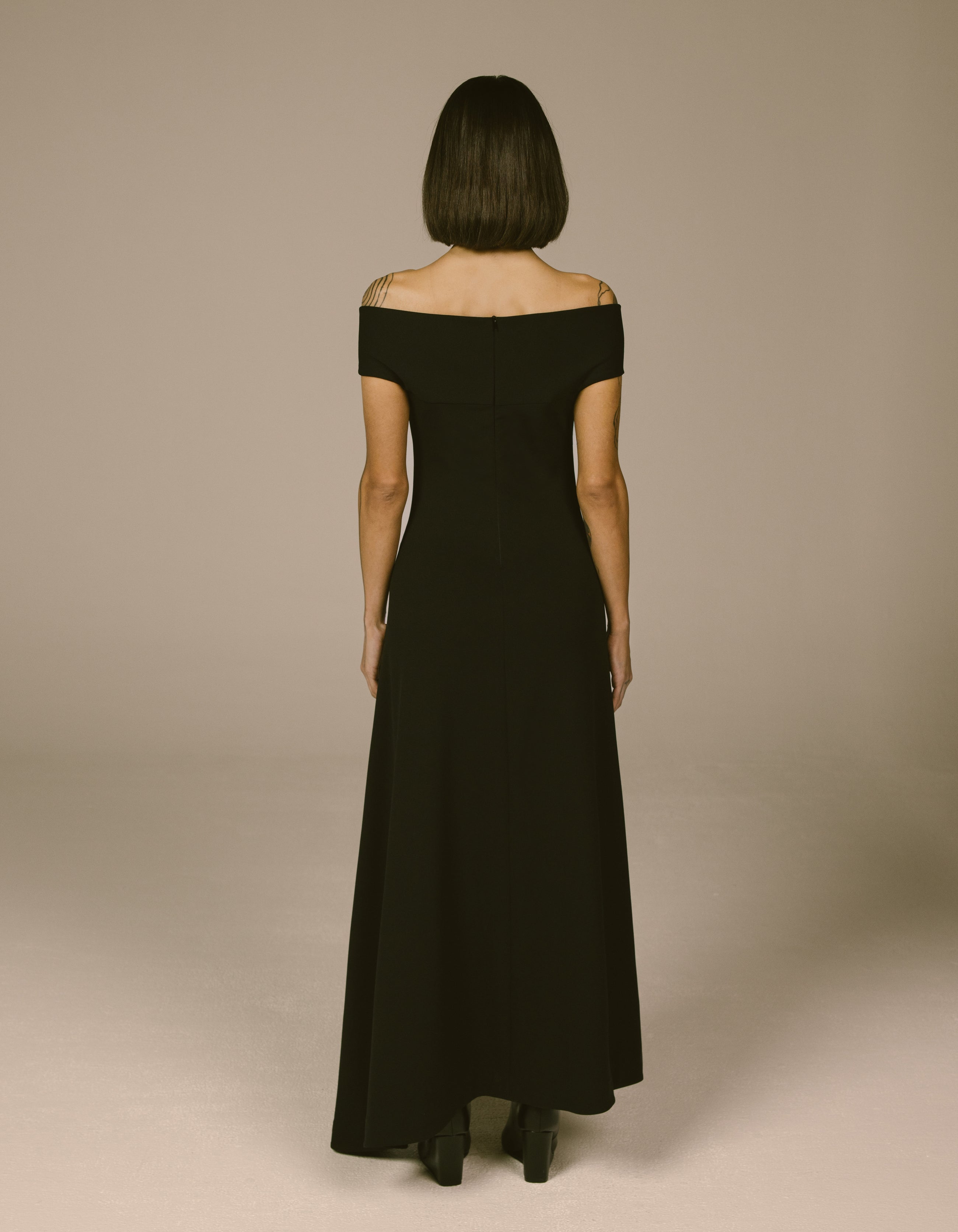 OFF-SHOULDER ASYMMETRIC DRAPE DRESS