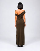 TAUPE OFF-SHOULDER COLUMN DRESS