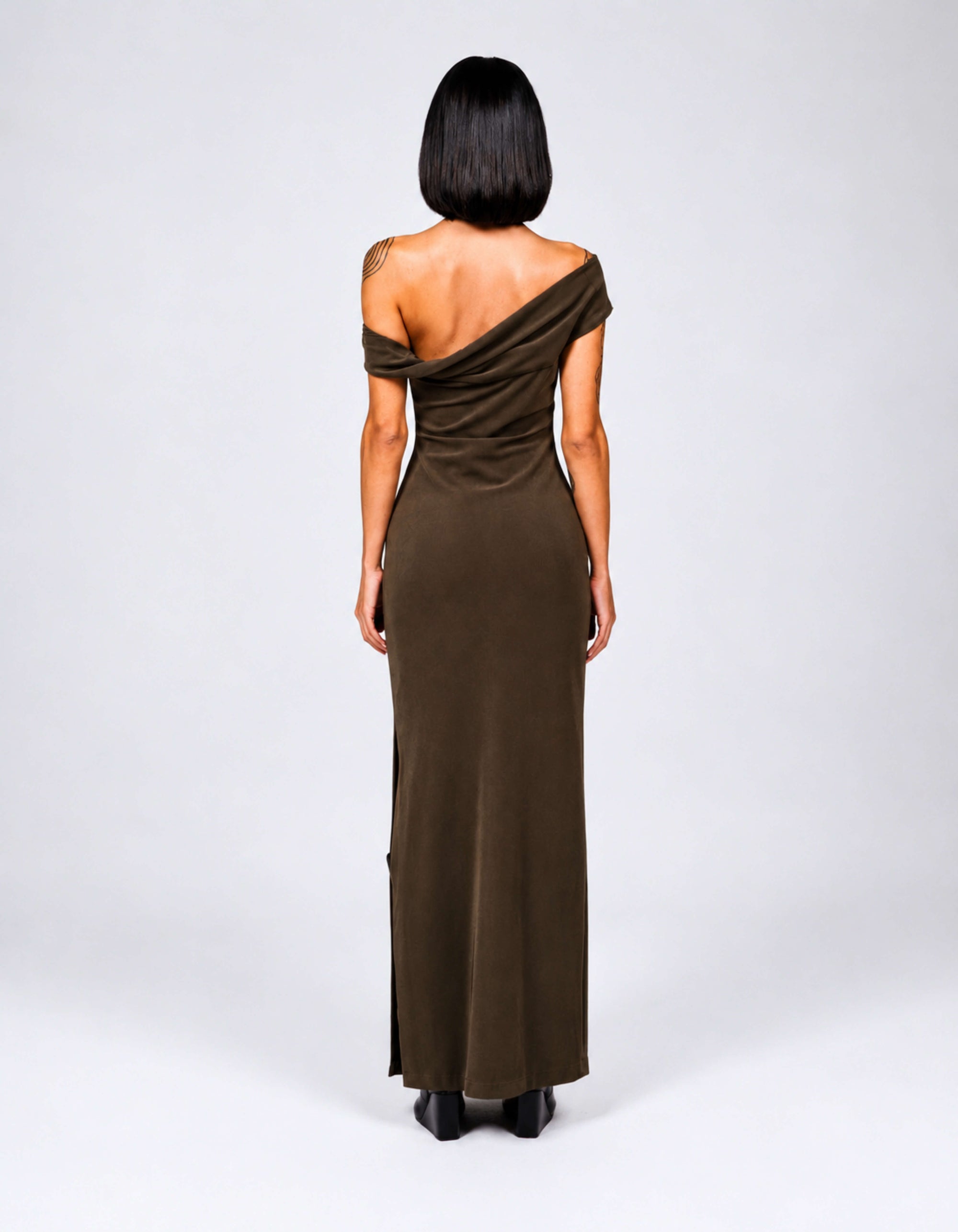 TAUPE OFF-SHOULDER COLUMN DRESS