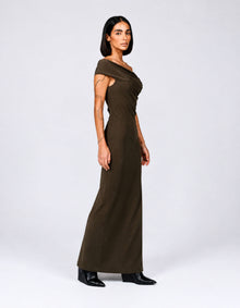 TAUPE OFF-SHOULDER COLUMN DRESS