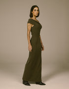 TAUPE OFF-SHOULDER COLUMN DRESS