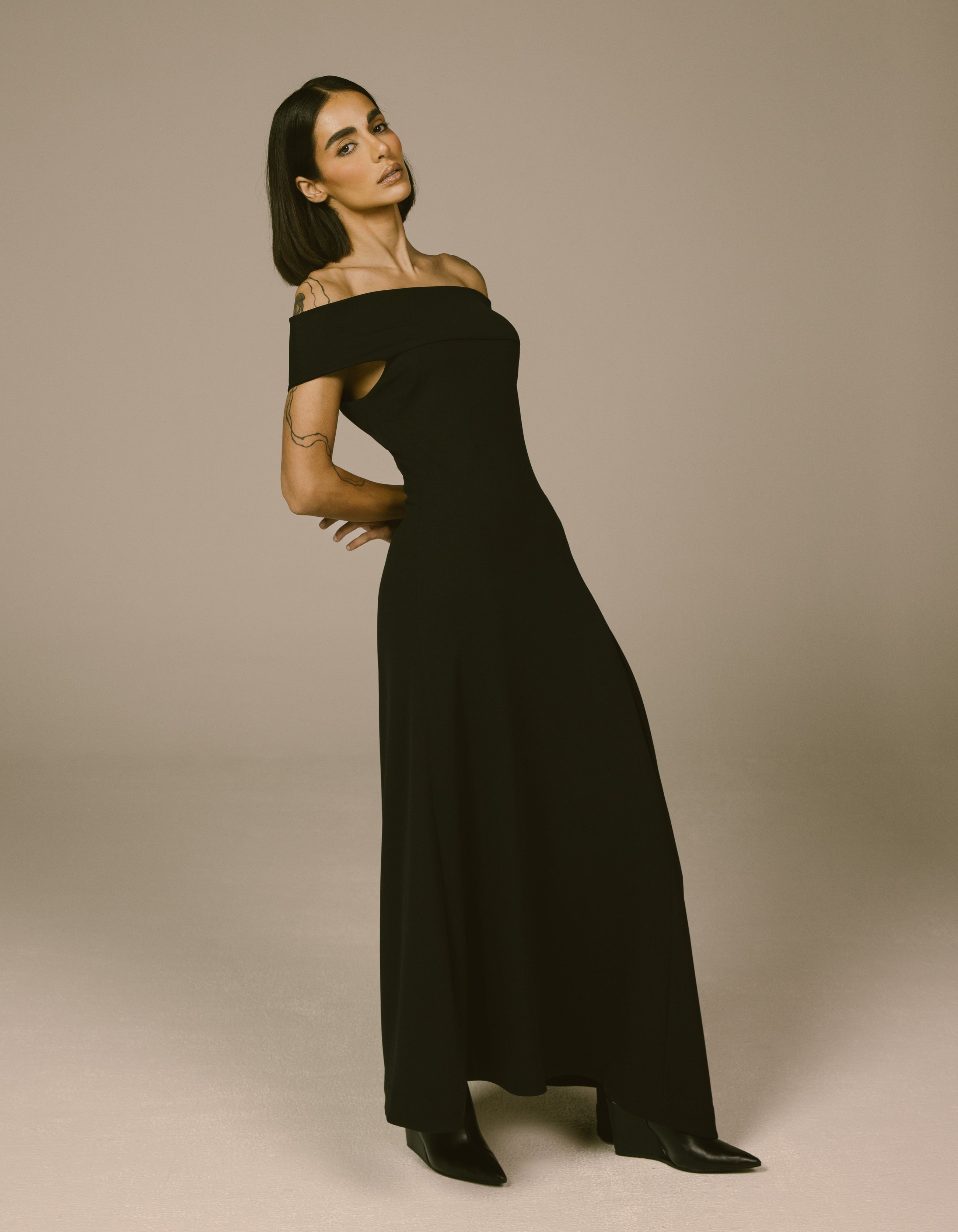 OFF-SHOULDER ASYMMETRIC DRAPE DRESS