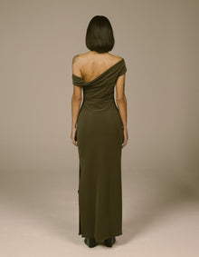 TAUPE OFF-SHOULDER COLUMN DRESS