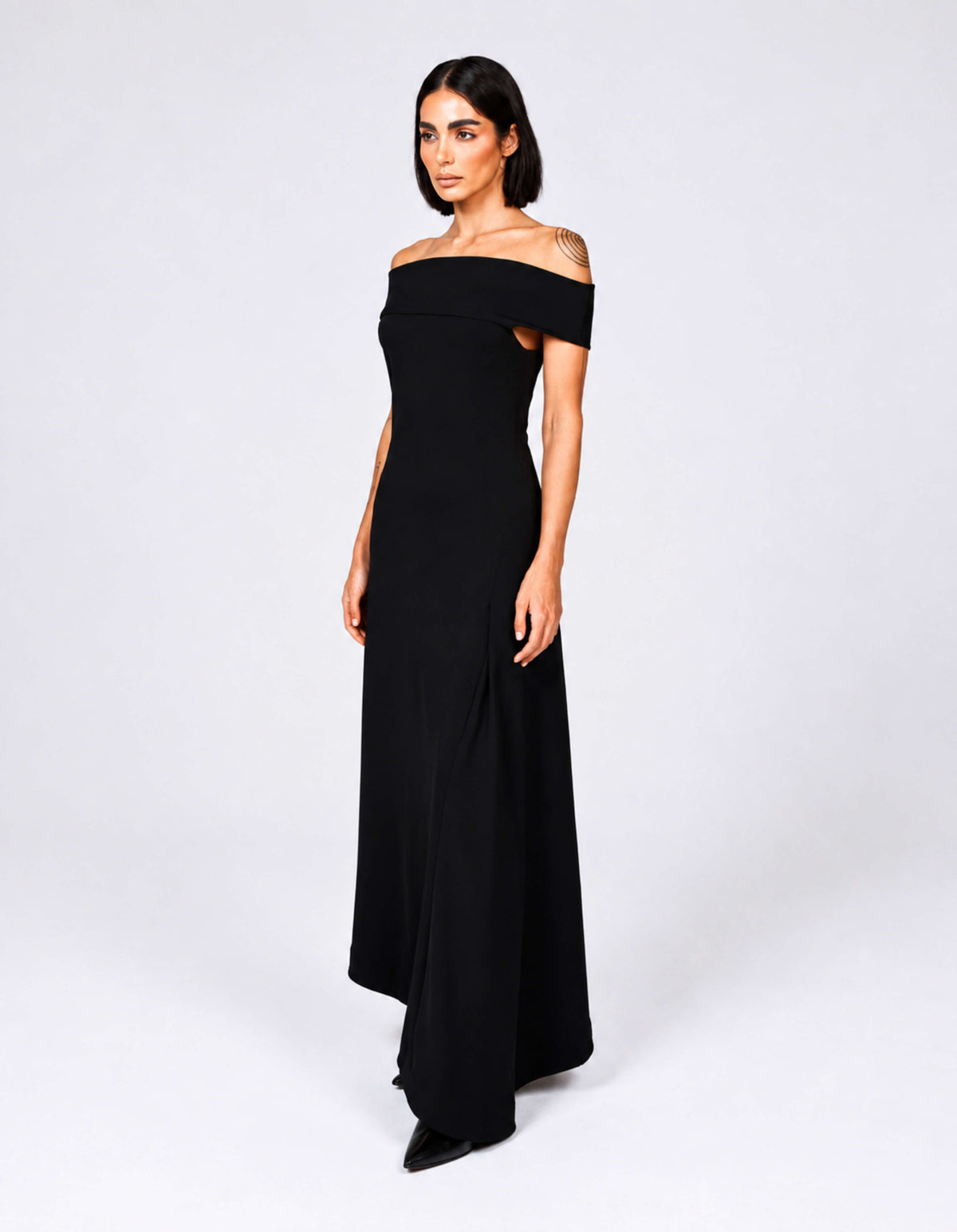OFF-SHOULDER ASYMMETRIC DRAPE DRESS