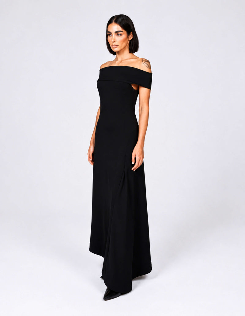 OFF-SHOULDER ASYMMETRIC DRAPE DRESS