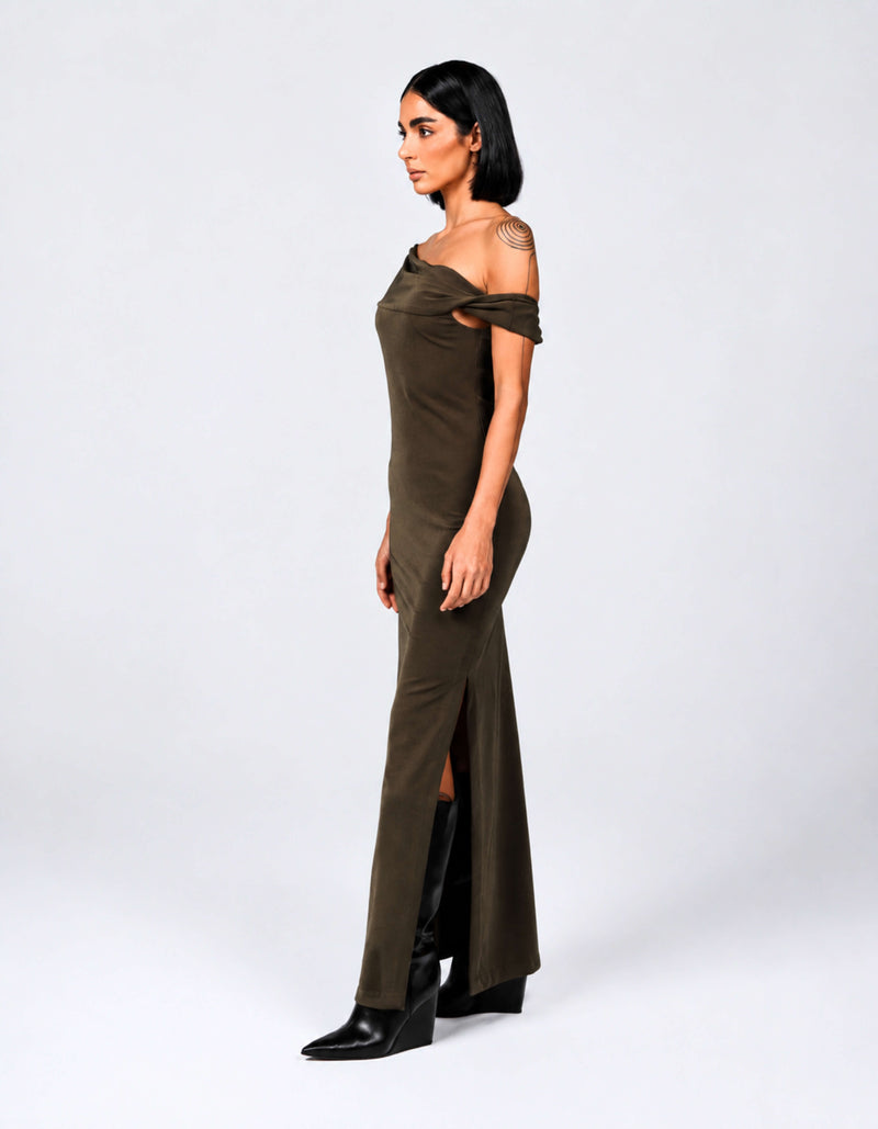 TAUPE OFF-SHOULDER COLUMN DRESS