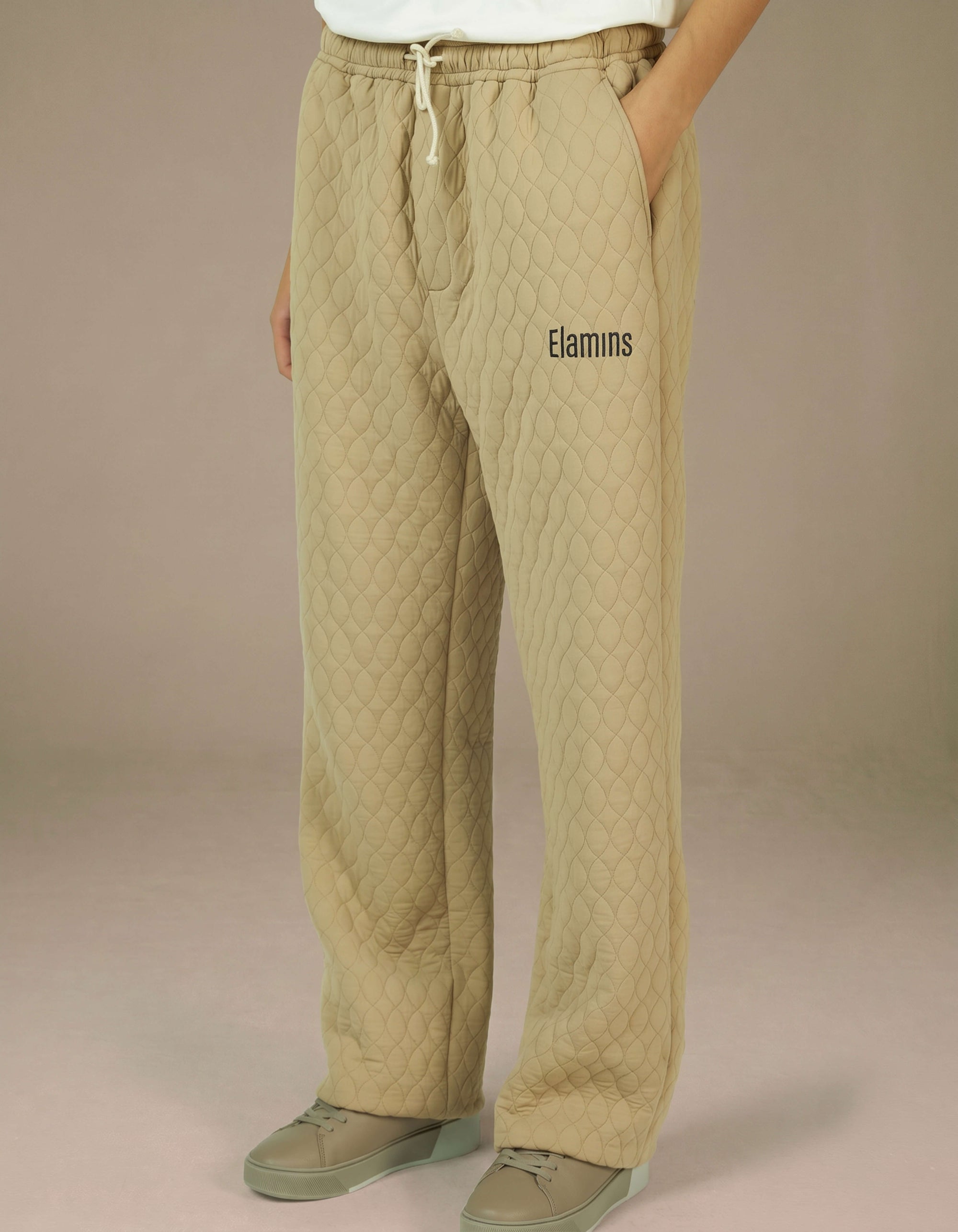 Elamins quilted wide-leg trousers in sand beige with drawstring waist
