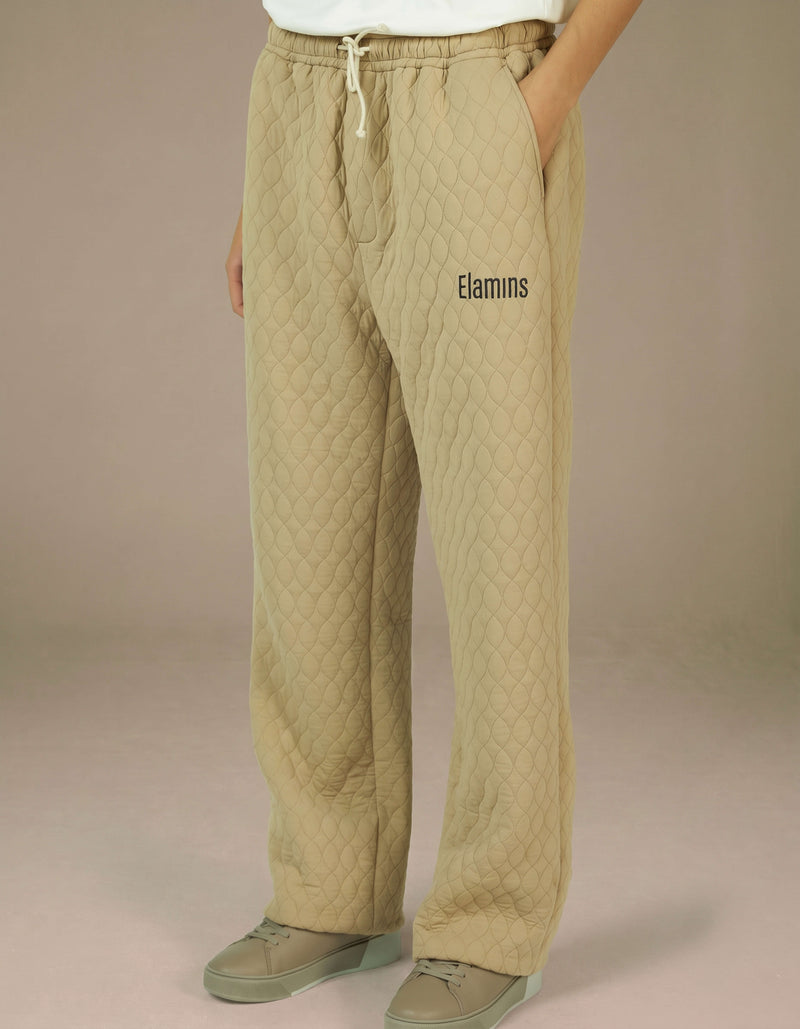 Elamins quilted wide-leg trousers in sand beige with drawstring waist
