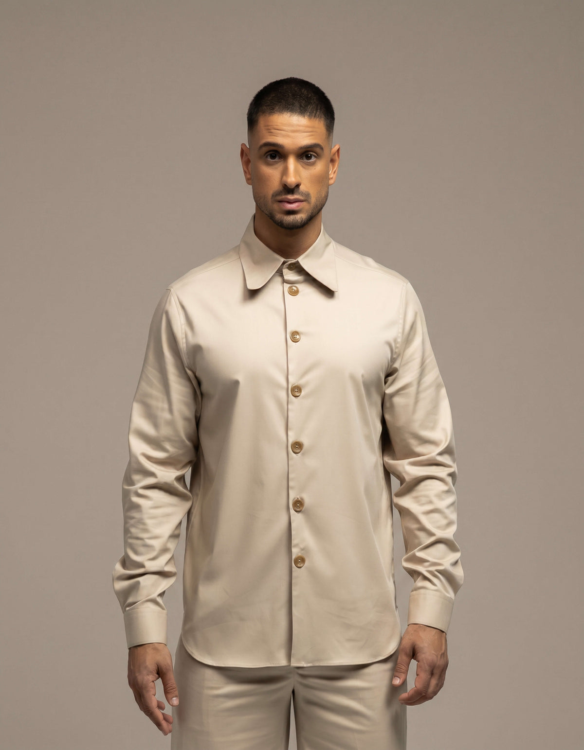 Sand minimalist long-sleeve shirt with tonal buttons, tailored menswear
