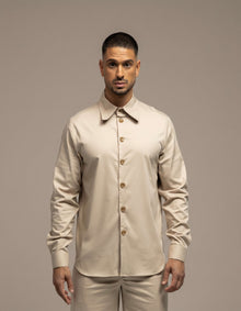 Sand minimalist long-sleeve shirt with tonal buttons, tailored menswear
