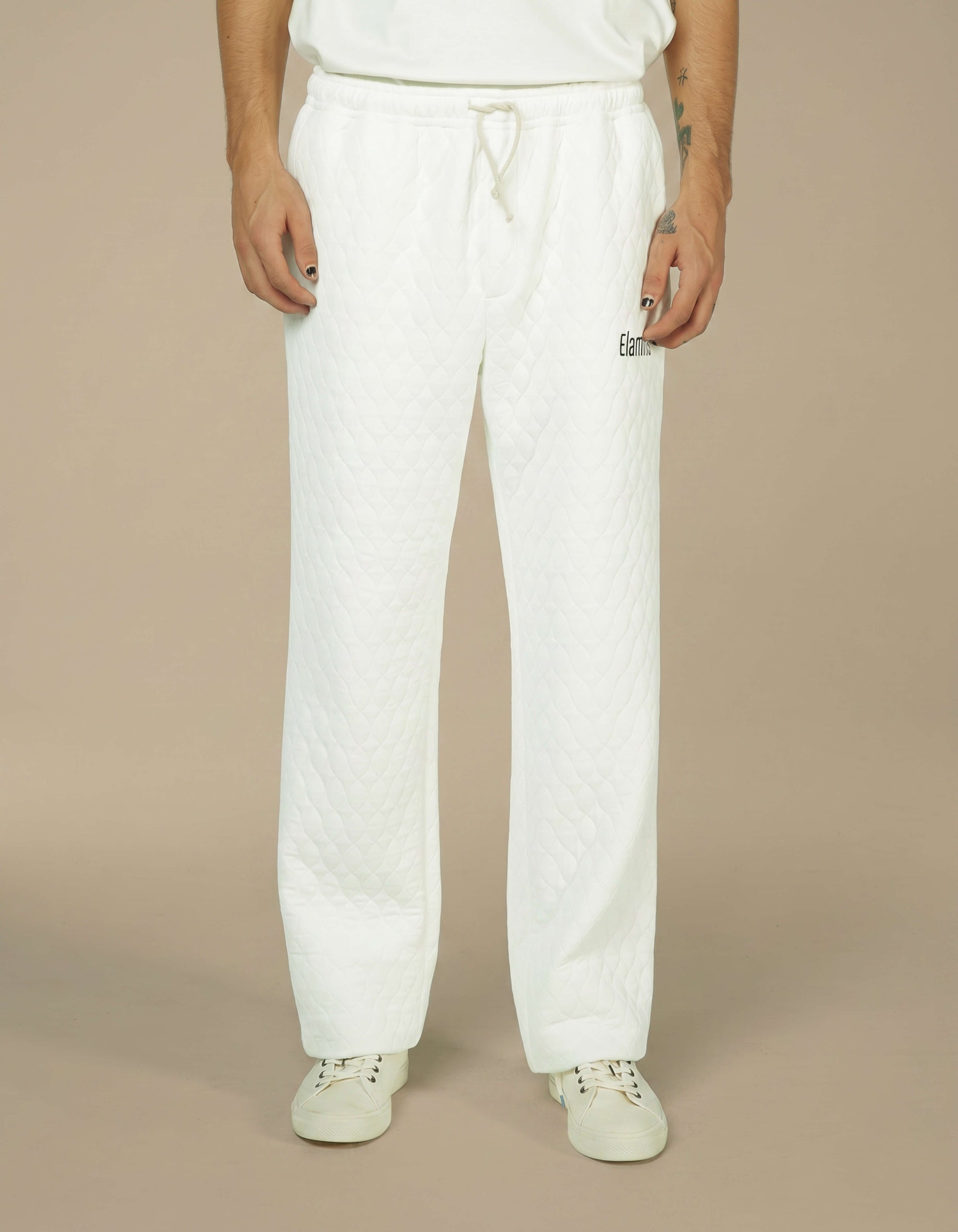 White quilted wide-leg drawstring trousers with Elamins logo detail

