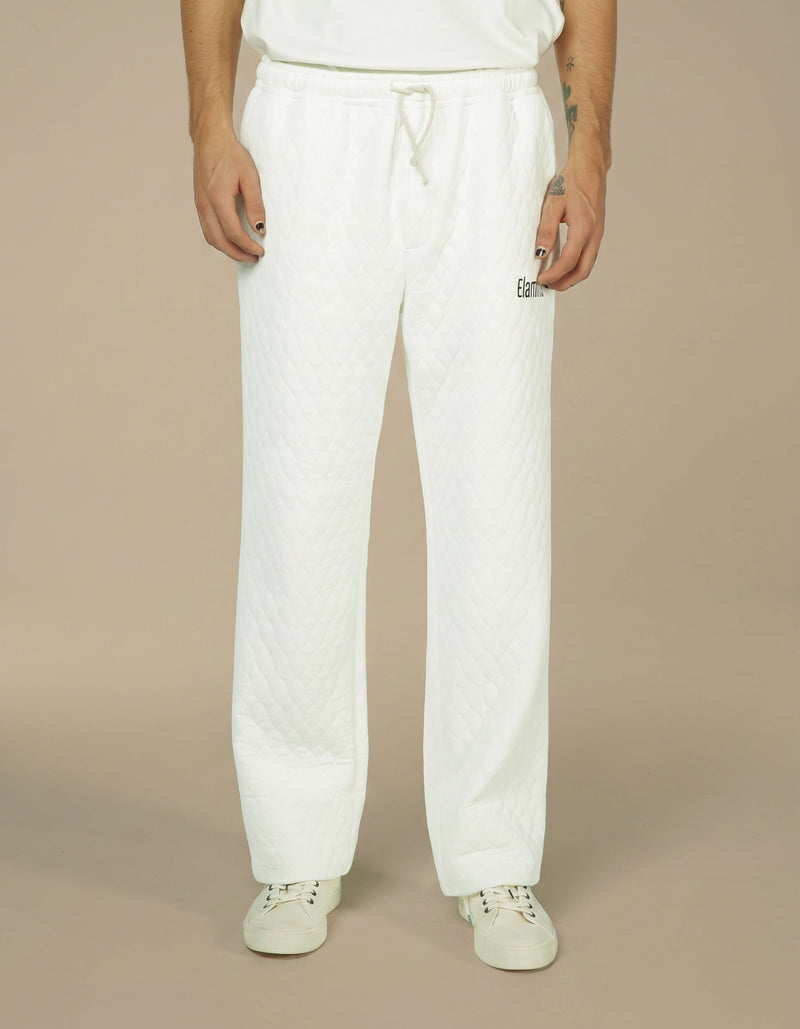 White quilted wide-leg drawstring trousers with Elamins logo detail
