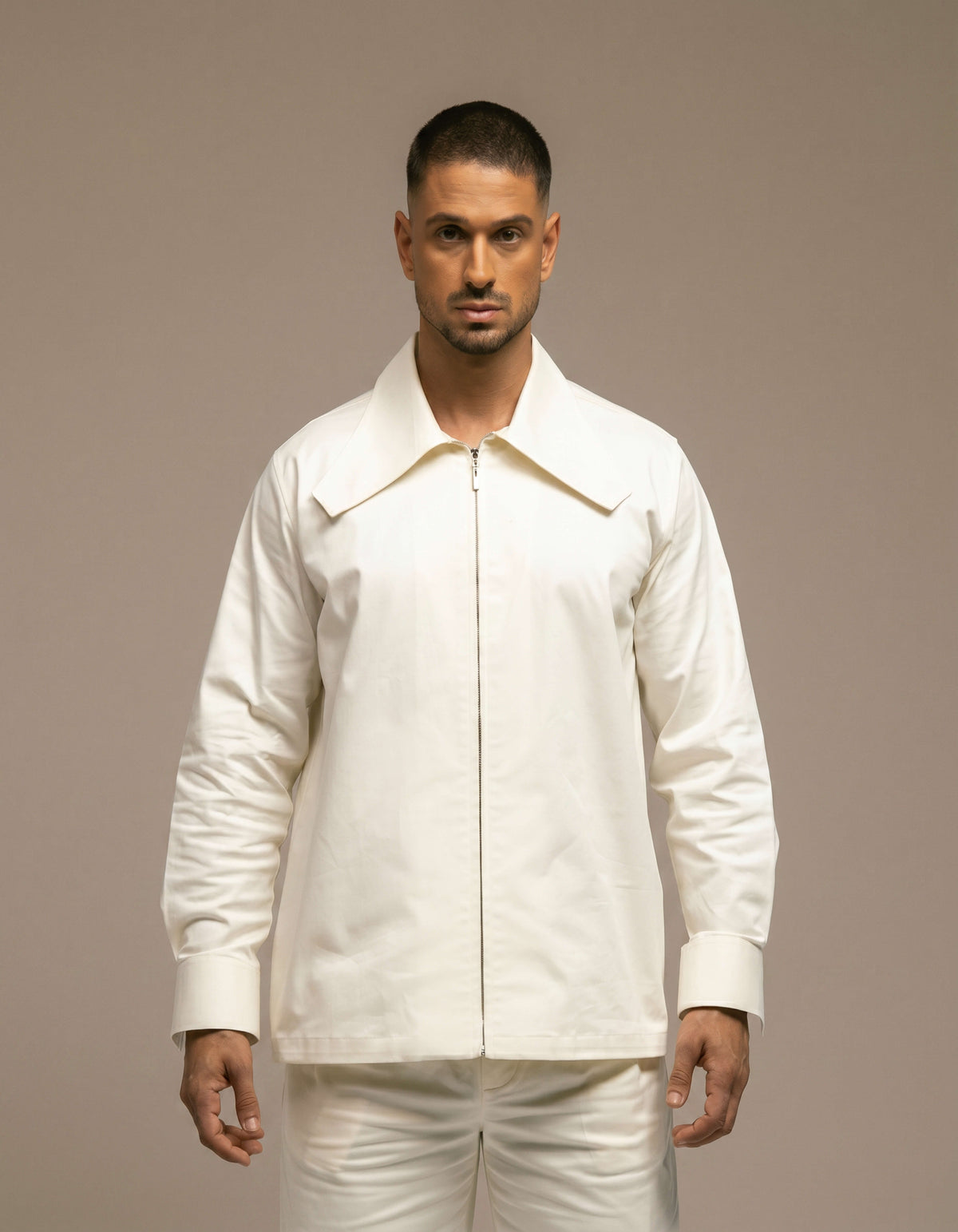 Ivory minimalist zip-front jacket wide collar luxury menswear
