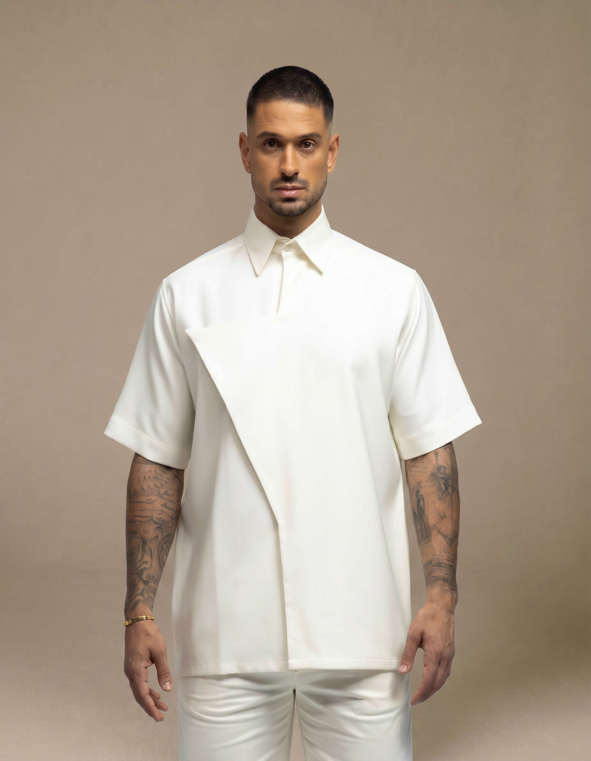 Ivory oversized short-sleeve shirt with diagonal panel detail, menswear
