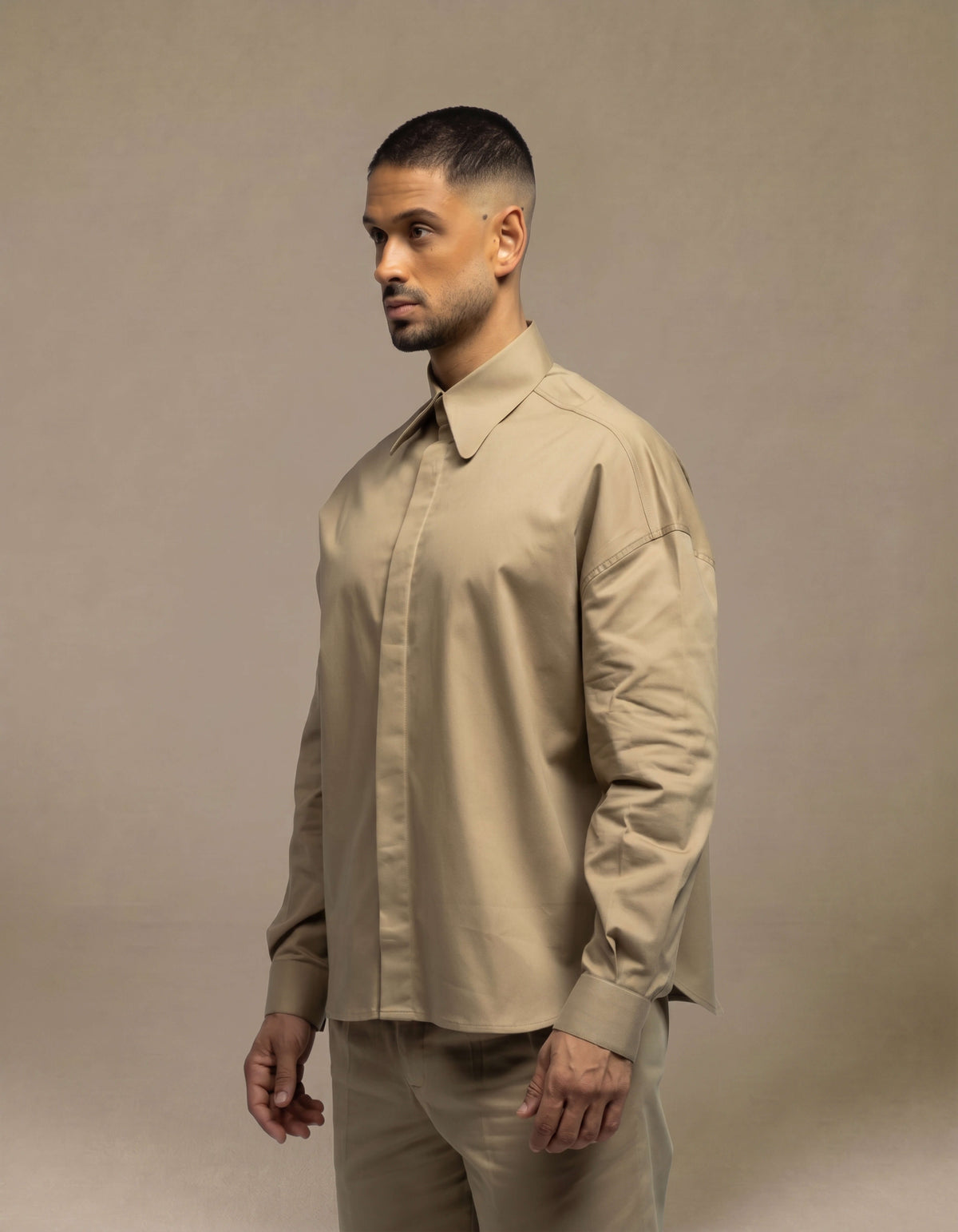 Oversized sand beige minimalist shirt with concealed placket, menswear
