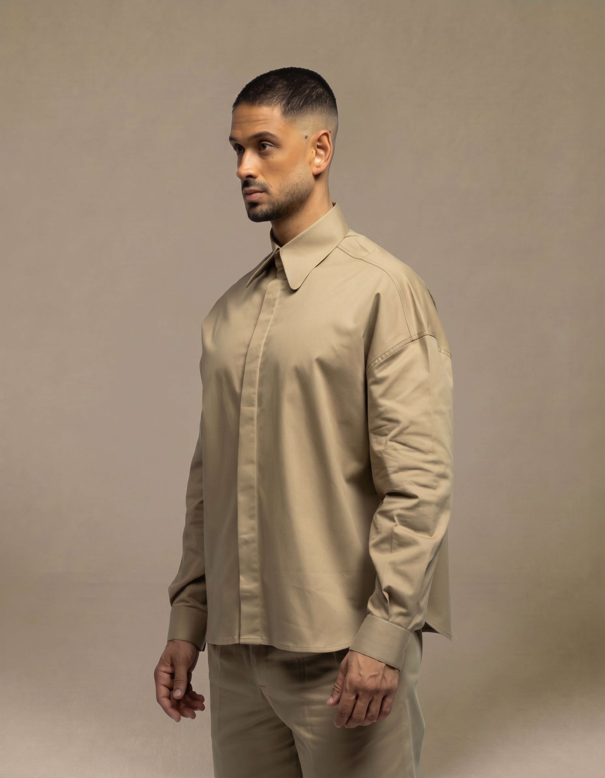 Oversized sand beige minimalist shirt with concealed placket, menswear
