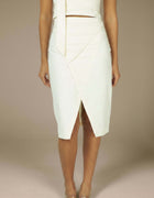 Ivory wrap midi skirt with asymmetric front slit detail, luxury womenswear
