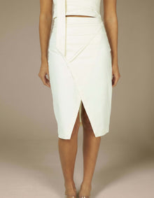 Ivory wrap midi skirt with asymmetric front slit detail, luxury womenswear

