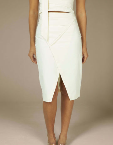 Ivory wrap midi skirt with asymmetric front slit detail, luxury womenswear

