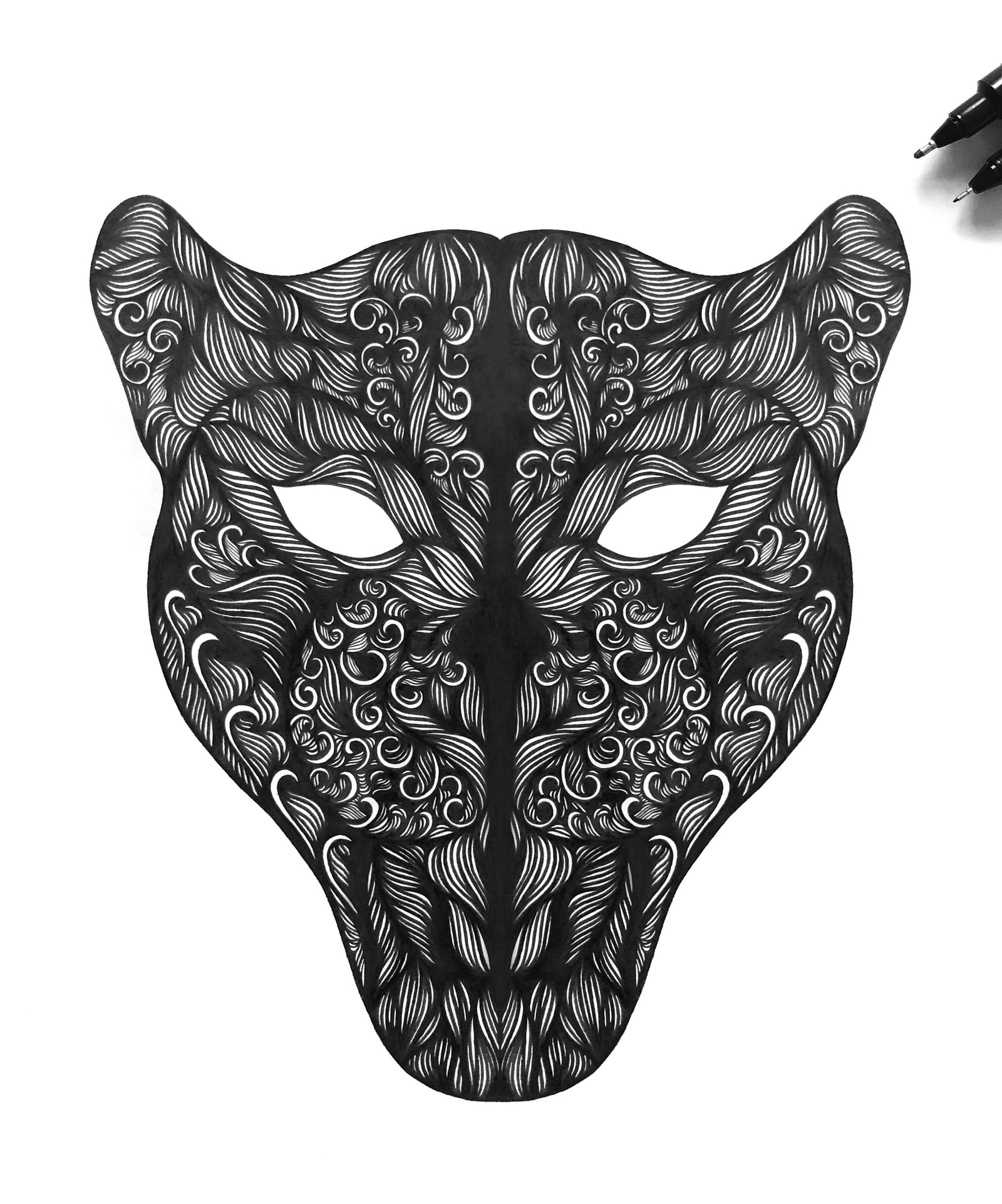 Intricate black ink panther mask illustration with ornate line art detailing
