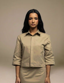 Khaki cropped shirt three-quarter sleeves minimalist luxury womenswear
