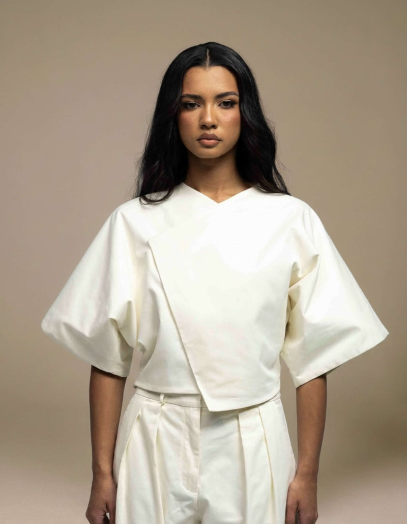 Ivory structured kimono-sleeve wrap top minimalist luxury womenswear
