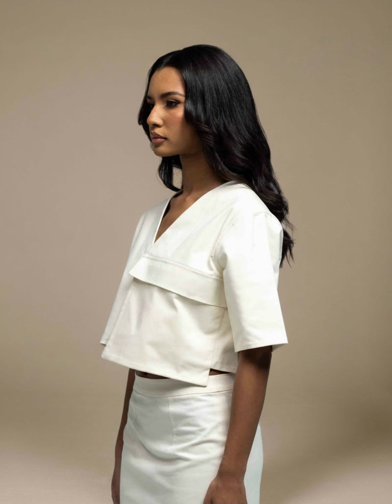 Ivory structured crop top with wide lapel collar and midi skirt co-ord
