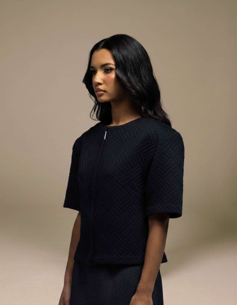 Navy textured jacquard cropped top with zip detail, luxury womenswear
