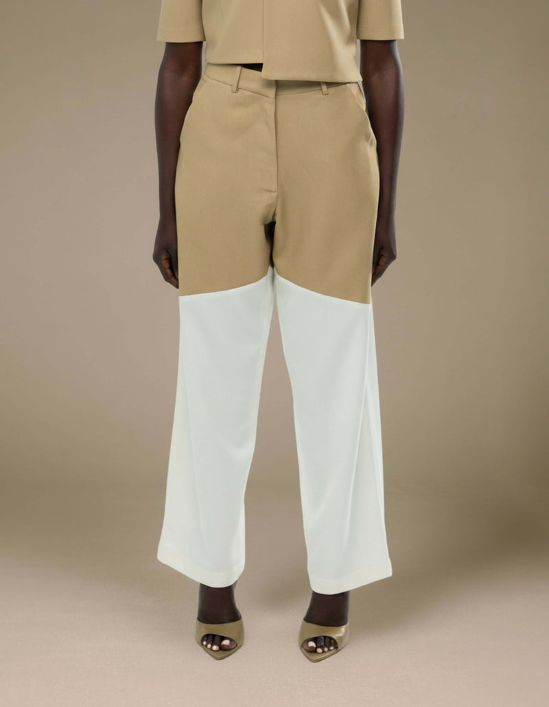 Tailored wide-leg trousers beige white colour-block minimalist luxury womenswear
