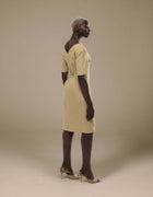 Sand minimalist midi dress with open back tie detail and short sleeves
